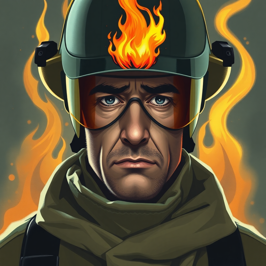 Design a book cover for Fahrenheit 451. Burning books reflect in the visor of a fireman. His worried face is barely visible behind the reflection.