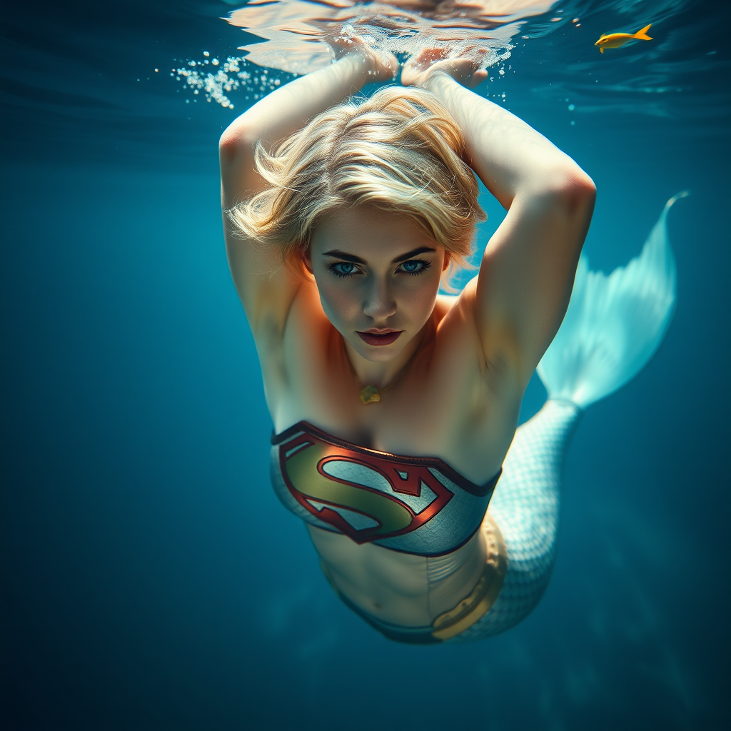 Supergirl as a mermaid. She's floating underwater with arms up. She's looking intensely at the viewer of the photo. The eye contact is palpable and mystical. Her short hair floats like a beautiful nimbus around her head and her shiny scaled tail is curled beside her. Gossamer Diaphanous. HD DSLR Photo