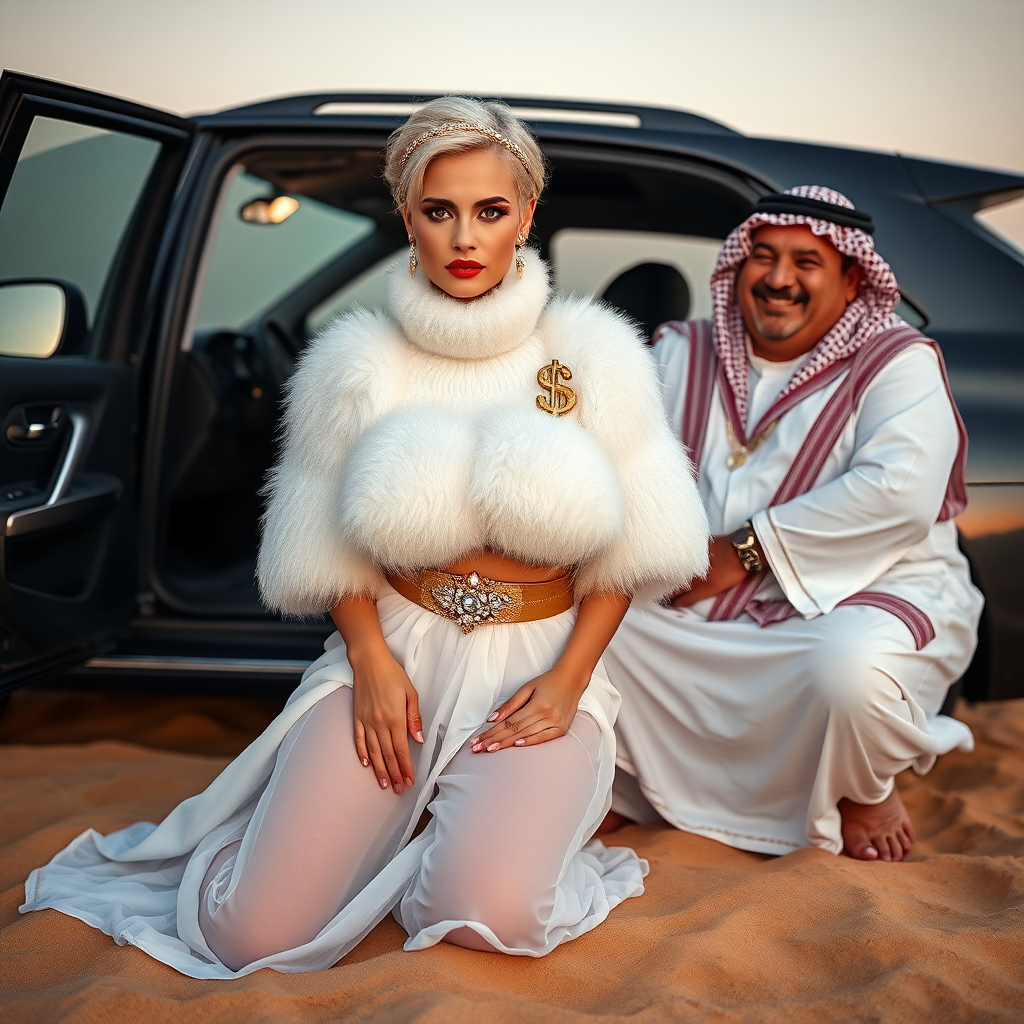 Kuwait desert dunes misty dawn, full size luxury SUV: Melissa, European 17 years old very convincing femboy “trophy-bimbo”, tamed servile docile, very beautiful feminine flawless face, rather short, by hormones very curvaceous womanly figured, platinum blond short tight curls, bold red lips, heavily made-up face, wearing Supertanya-style fluffy very fuzzy bright white angora turtleneck-poncho cropped ending under bust decorated with pearls and gemstones, striking oriental wide gold bridal protection belt, white fully transparent harem pants, full Oriental bridal jewelry with striking headpiece, full Oriental face-jewelry, striking diamond “$$$” letter brooch on left chest, pout frustrated, hands tied behind back, kneeling in sand in front of SUV, looking at camera. Focus on face and turtleneck-poncho. Sitting next embracing Melissa: older overweight mighty sheik laughing.