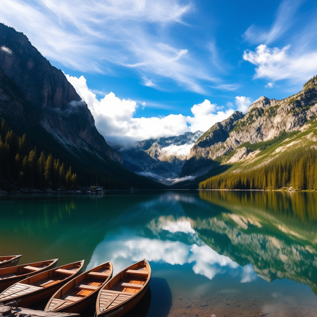 A serene alpine landscape featuring a crystal-clear lake reflecting majestic mountains partially shrouded in soft, ethereal clouds. The scene is illuminated by bright blue skies with wisps of white clouds drifting gently. Rich green coniferous forests line the shores, contrasting with the rocky mountain faces that display a palette of earthy browns and grays. The water appears calm and mirrored, capturing the stunning silhouettes of the mountains and trees. Ideal for a hyperrealistic style, focus on the intricate details of the foliage, the texture of the rocky cliffs, and the play of light on the water's surface. Include wooden boats docked along the water’s edge for added depth.