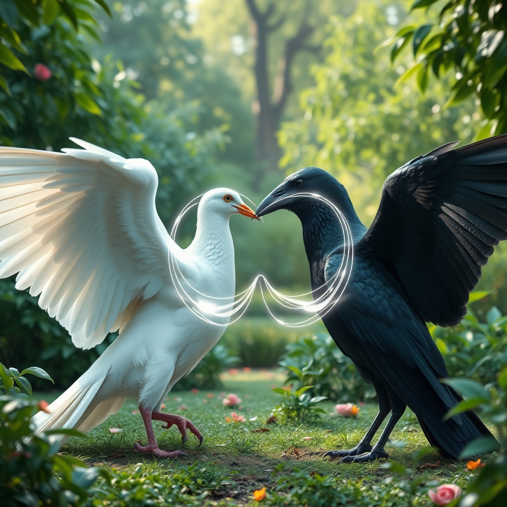 a huge white dove and a huge black crow standing facing each other within a clearing in an incredible lush garden, slowly flapping their powerful wings. The beak of the dove is touching the beak of the crow. There is a large abstract infinity symbol of wavy, transparent light energy that intersects at the beaks and covers the entire bodies of the birds