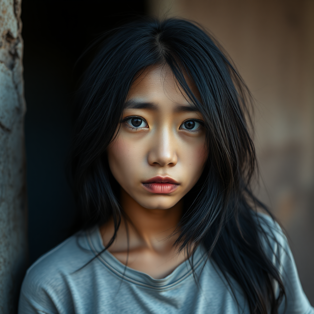 A homeless, somewhat neglected, mysterious but pretty Asian woman with jet-black hair and equally typical black Asian eyes, wearing a T-shirt, looks very sad.