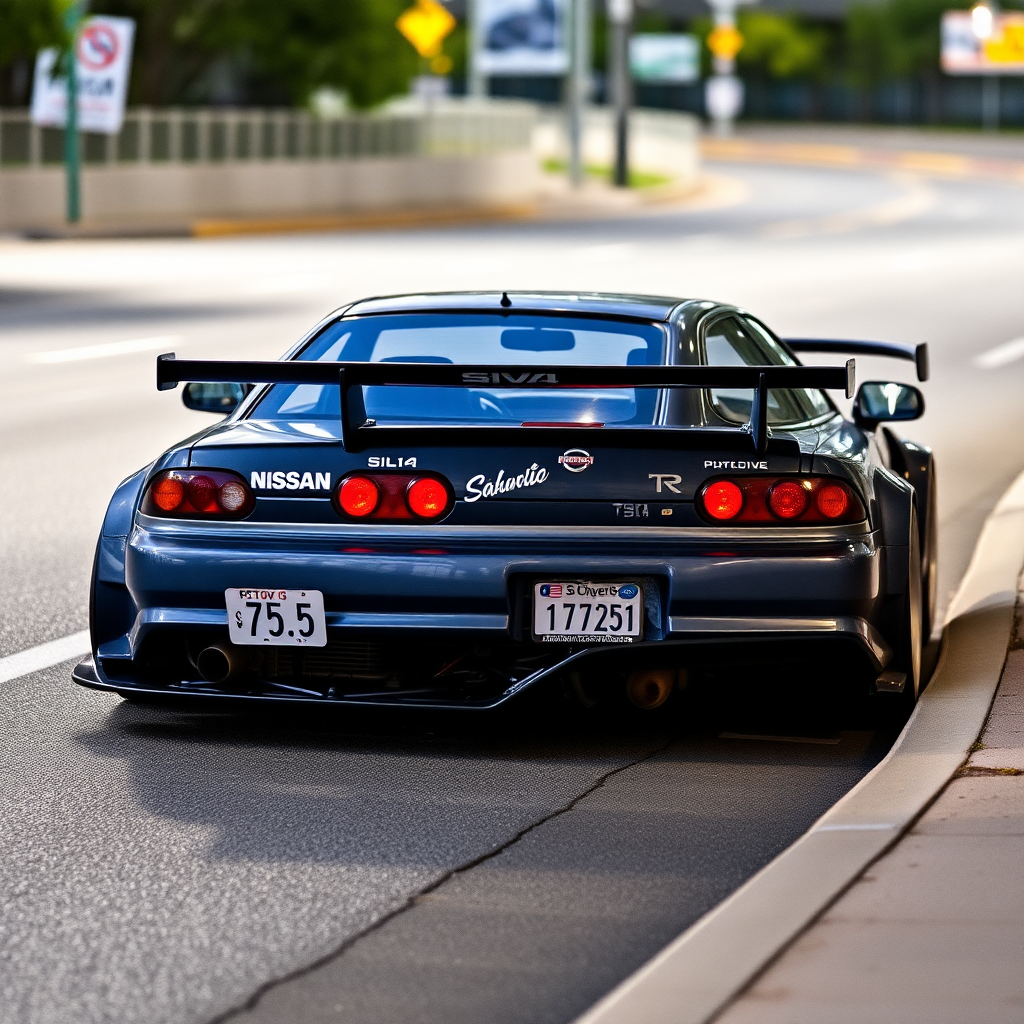 concept tuner nissan silvia s14 the car is parked on the side of the road, inspired by Taiyō Matsumoto, tumblr, restomod, nd4, c4