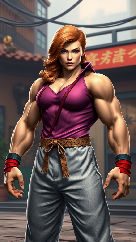 Create a full-body photorealistic render featuring Daphne Blake's head on a male figure resembling Ryu from Street Fighter. Adapt her classic costume to fit this muscular form. The background should blend elements from Daphne's mystery-solving settings with Ryu's martial arts environments. Emphasize a seamless combination of both characters' iconic styles, ensuring the scene captures the essence of mystery and combat.