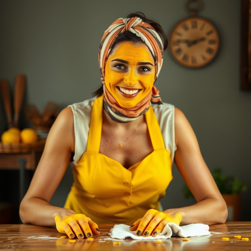 slim, 30 year old, sexy, french maid, short scarf head, turmeric face pack. She is smiling and cleaning a table with a cloth