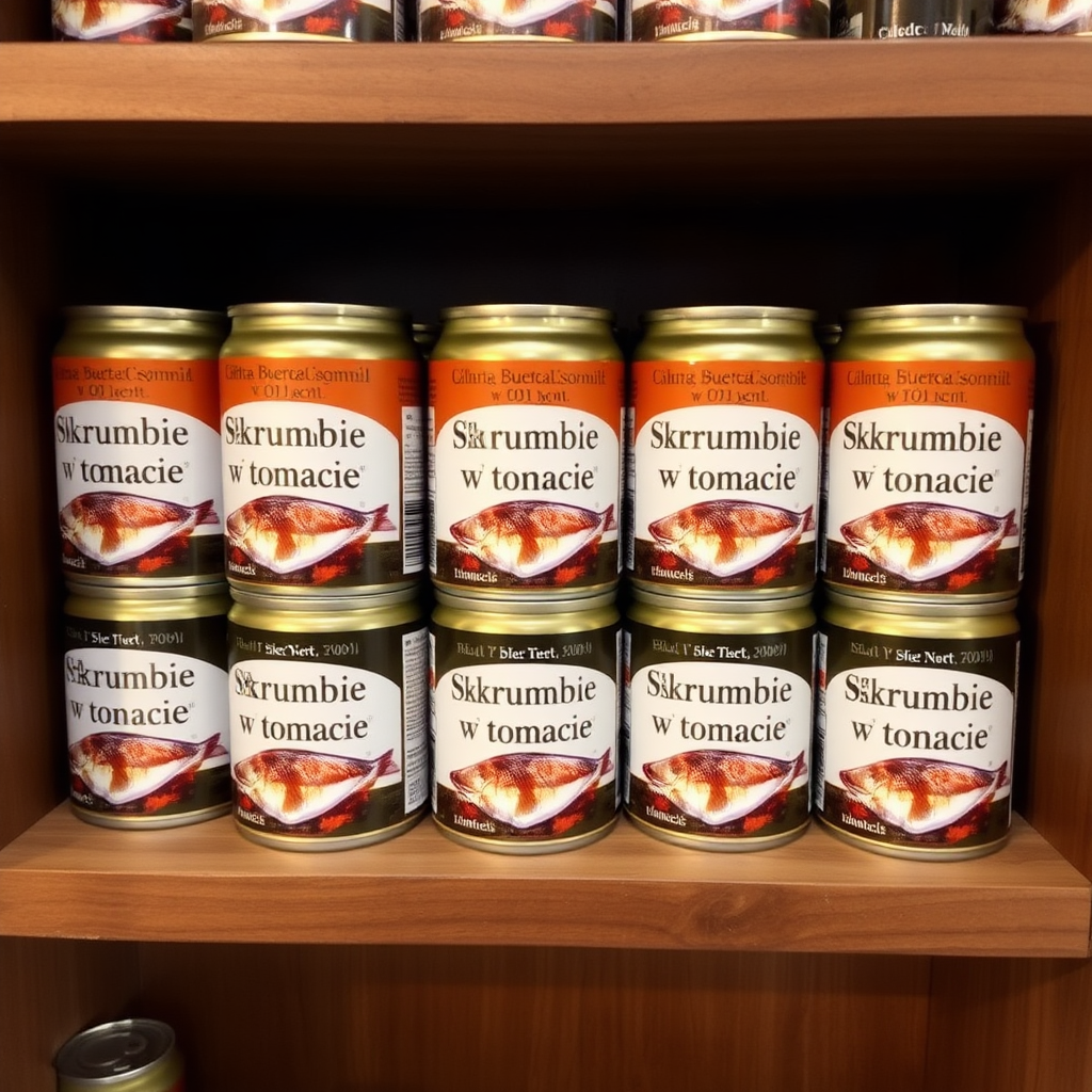 a small shelf with cans that have an image of fish on the label and text saying "skrumbie w tomacie", the text should be "skrumbie w tomacie", with no errors, skrumbie w tomacie, skrumbie w tomacie, skrumbie w tomacie