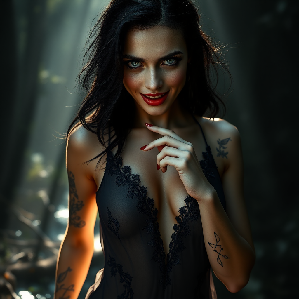 Beautiful Hell image

Enigmatically alluring inviting and scary looking smile. Running through secretive place, a small pond with God rays of light shining on her face in a glade in a tall magical forest where she lives, ready for a nude swim at any moment.

The image presents Beautiful Hell standing with a powerful and commanding presence. She is a hyper photo realistic woman, visibly sweating, exuding menace, sexuality and beauty. The background is dark and mysterious, enhancing her enigmatic presence and adding depth to the image.

Hair: Her dark raven-black hair cascades down in soft, wavy strands often caught in a breeze, contrasting sharply against her pale, flawless unblemished skin with delicate feminine sexual tattoos sprinkled around her body.

Face: A strikingly beautiful face with fine unbroken porcelain white skin and smooth and defined features. Her mouth slightly open with an index finger in her mouth laying on her bottom lip, her eyes a piercing blue, intensely realistic detailed and deep, are intense and captivating, capable of drawing in and intimidating anyone who meets her gaze. Her eyes show an intense need to own the viewer and are framed by long, dark lashes, adding to their dramatic effect. Her expression is alluring and menacing and intensely and openly sexual, reflecting her dual nature.

Emotional and Visual Impact: The image evokes a sense of sexual attraction and admiration for Beautiful Hell’s beauty, body, and intricacy. The combination of sheer fabric, deep plunge line, and delicate lace creates a balance between elegance and allure, making her both captivating and alluring and intimidating. The visual intensity of the image is heightened by the dark, mysterious background, which adds to her enigmatic presence. The overall emotional response is a mix of admiration for her beauty and a subtle sense of fear or respect for her bold and daring and attention demanding design and physical attraction to her. Her demeanor and physical exposure are outrageously bold, giving her an openly gleeful and ecstatic smile reflected in her brilliant blue eyes, and inviting anyone to oppose her.

Dress Design and Features: Plunge Line: The dress is made of a thin sheer fabric features a deep and wide plunge line that extends to just below her belly button, revealing the smooth skin of her torso and her belly button emphasizing the dress's allure and Beautiful Hell's alluring natural sexuality.

The dark, remarkably fine fabric of the dress clings closely to her figure, accentuating her curves and emphasizing her feminine form.