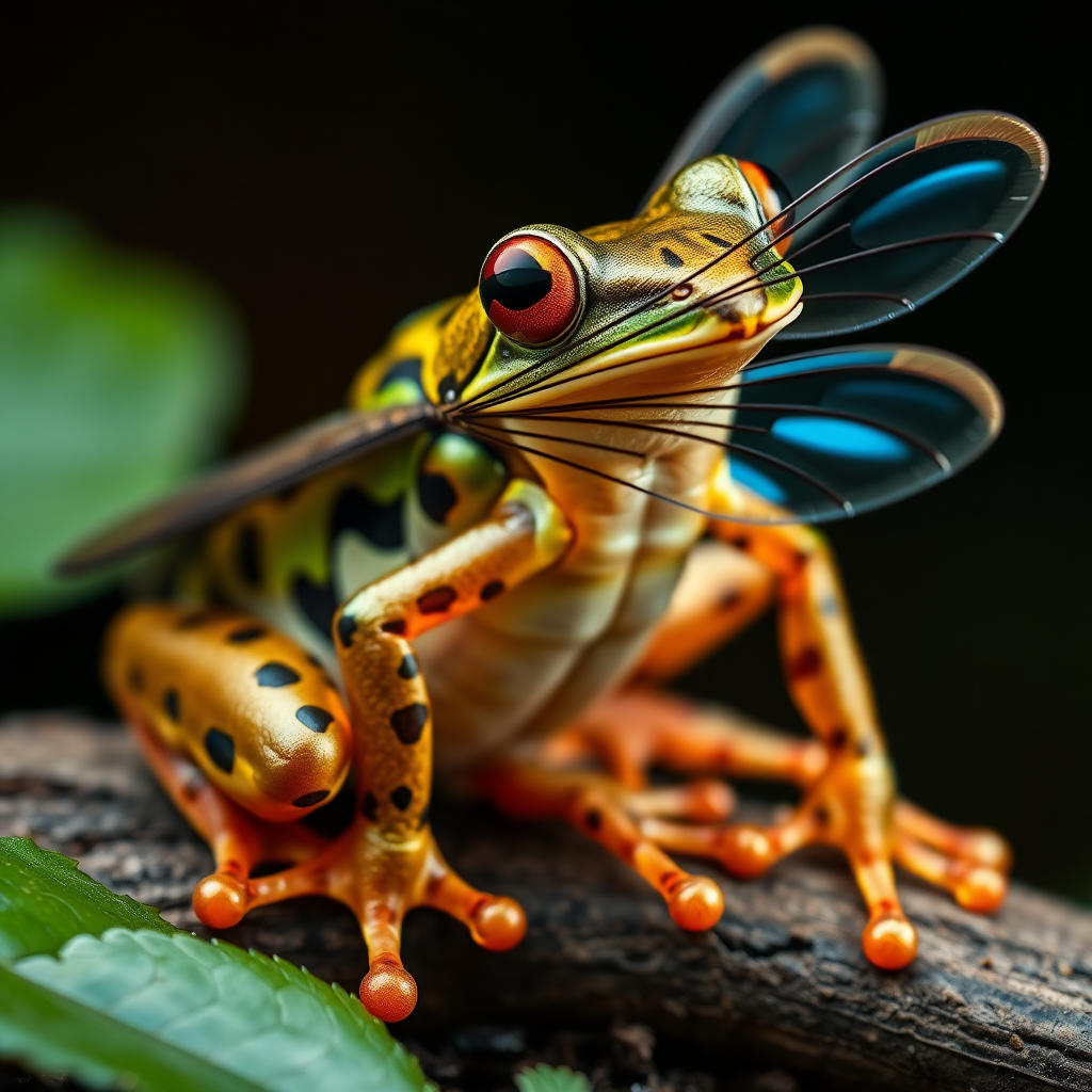 Generate a full-length, highly detailed image of a frog with its body structure seamlessly transformed into that of a horsefly. Ensure that the anatomical precision is maintained, showcasing the unique features of both creatures in harmony. The frog's vibrant colors and patterns should blend with the iridescent wings and facets of the horsefly. The background should reflect a natural habitat, adding depth and context to the composition. Render the scene in the style of award-winning wildlife photography, highlighting the textures and intricate details of this intriguing hybrid creature. Capture the essence of both animals in a visually striking way.