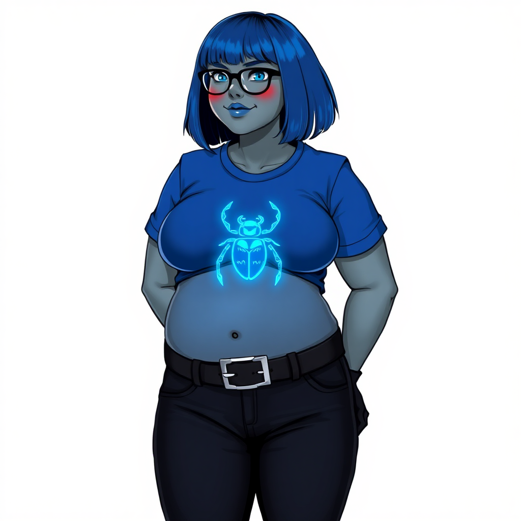 A 28-year-old, full-figured, metallic middle gray skinned computer program hybrid with a maximum blue bob cut. She has a non-athletic build, highlighted by a prominent, round, large midsection (with emphasis on her belly). As a digital sidekick, computer hacker, and nerdy girlfriend to her cyberpunk vigilante boyfriend, her middle gray metallic skin and maximum blue lipstick emphasize her digital nature. She wears a tight-fitting, maximum blue t-shirt (accentuating her large belly) with a neon blue glowing chest icon of a beetle, black pants, a black belt with a sapphire scarab buckle, and black gloves. Her bright blue eyes, black eyeglasses, and lovestruck smile with neon red blush accentuate her nerdiness. She stands bashfully with her hands behind her back, her t-shirt covering her midsection (especially her large belly) and emphasizing her full-figured, non-athletic physique. She is on a solid white background. She is drawn as if she was in a retro 2D cyberpunk fighting game. She is clearly non-athletic, with a focus on her full-figured physique. Ensure her t-shirt covers her midsection (especially her large belly).