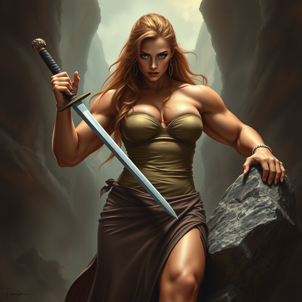 huge massive strong muscular bodybuilder girl, strapless dress, removing a sword from a rock