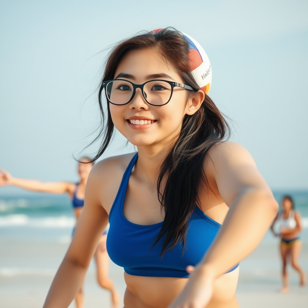 five Asian girl with gorgeous face, wearing glasses, in beach playing volleyball, white skin, tall, ultra camera