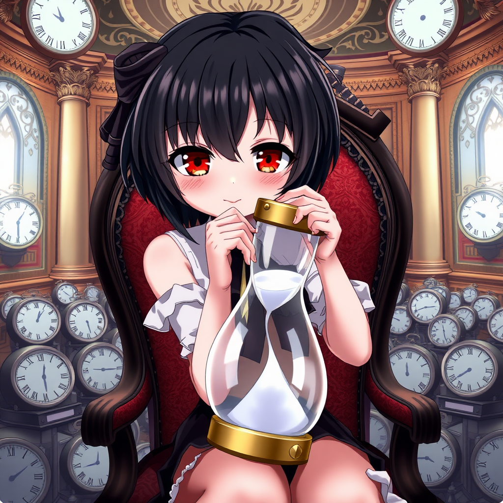 An anime girl with black hair and red eyes is carrying an hourglass. She has a smile like a villain and pale skin like a vampire. The girl is sitting on a chair in a noble mansion. Inside the room, there are many other clocks surrounding her.