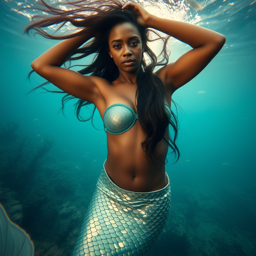 Black Iraqi Girl as a fit and trim mermaid underwater amazing loose flowing hair floating in a nimbus around her beautiful face her arms outstretched languidly over her head. she's looking directly into the viewer's eyes making intense eye contact. diaphanous gossamer. Burlesque. Stunning undersea life details plants and fish and other creatures of the sea. Impressive, shining scaled mermaid tail. Athletic pose. Amazing HD DSLR photographic output.