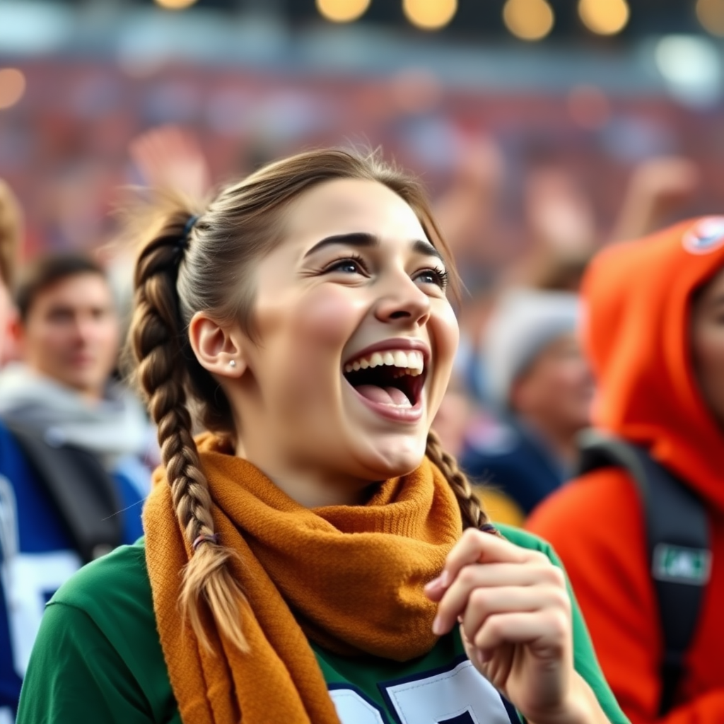 Attractive female NFL fan, pigtail hair, cheering wildly