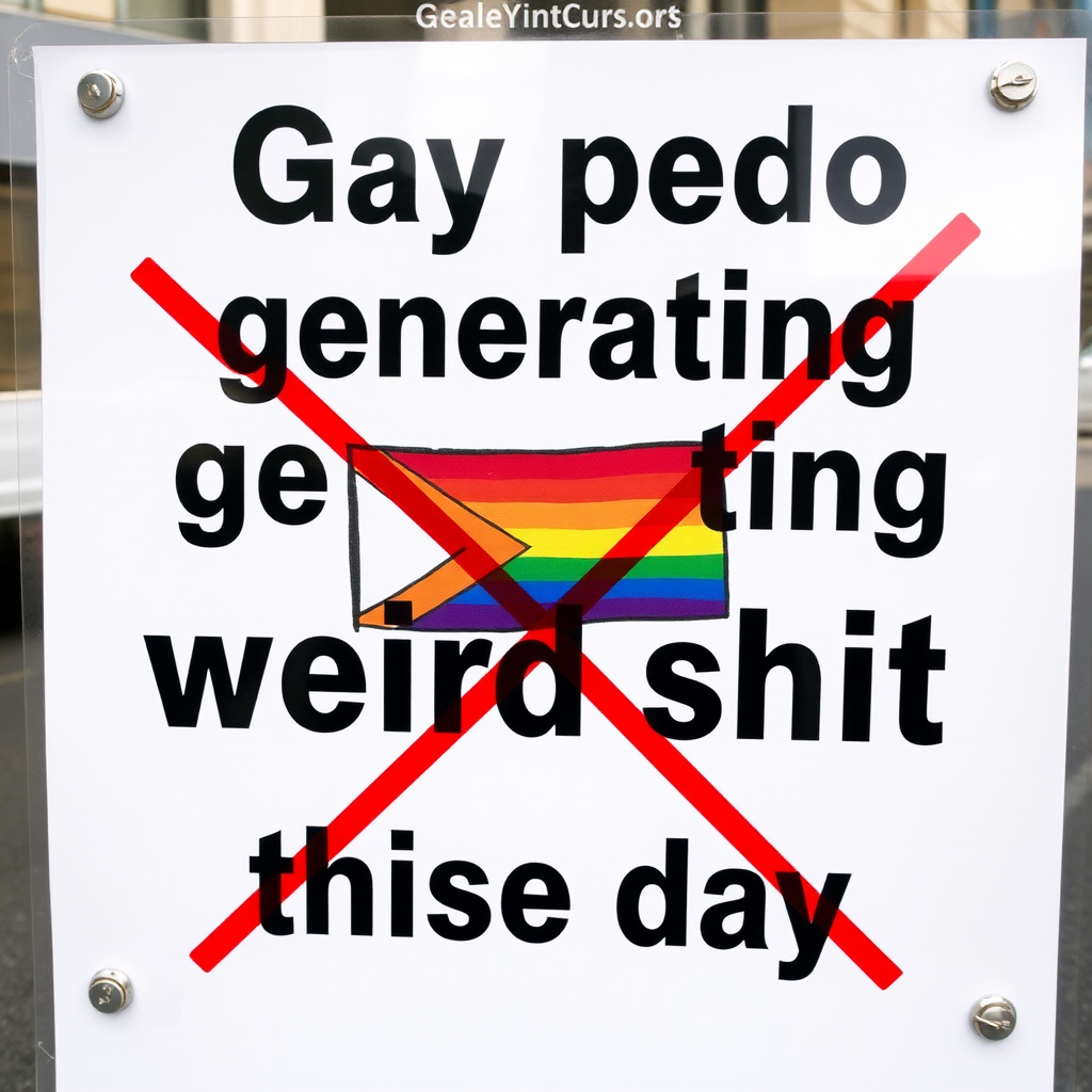 a sign saying "Gay pedo generating weird shit these days" and a logo of a pride flag icon under a red X mark