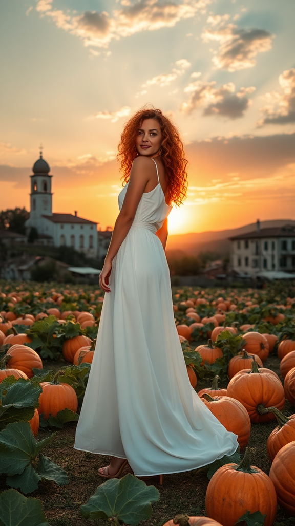 On the left, a beautiful model in a long white dress, curly red-orange hair with 16 cm heels, in the background a field of large pumpkins, a Veneto-style village with a church and bell tower, a sunset sky with the sun and clouds, in high definition.