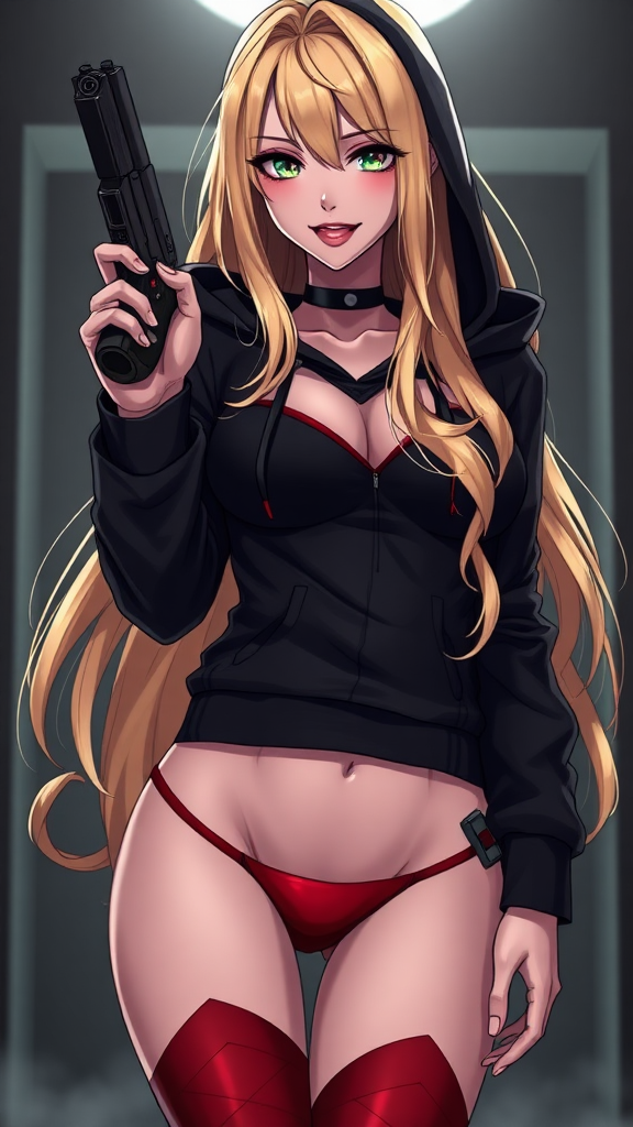 Anime, a sexy seductive and wicked long-blond hair, green-eyes with makeup eyelashes, wearing a black-dark swagger hoodie under a red-bikini and red-gstring thong, wicked smile, holding glock-gun in left-hand