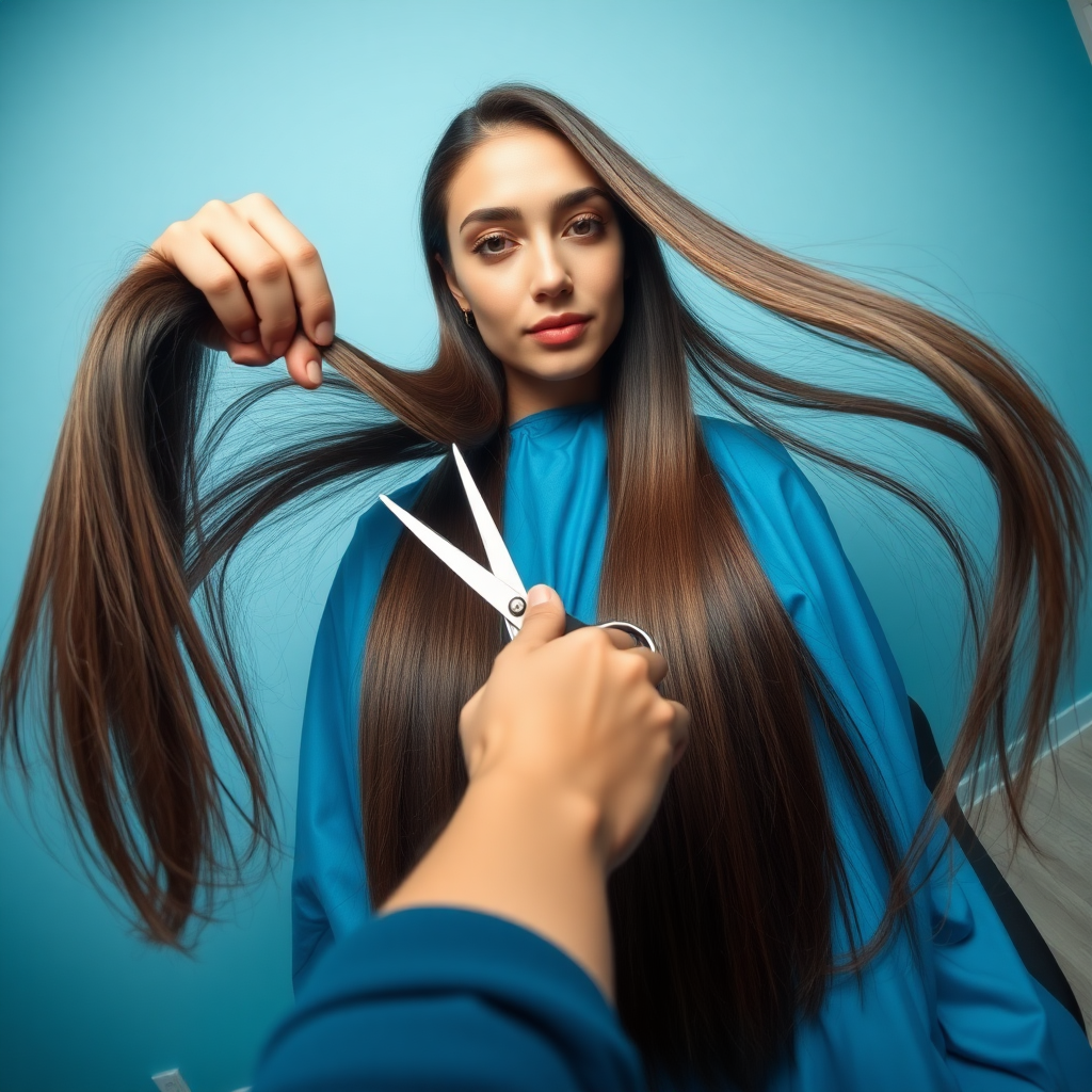 POV, A beautiful woman sitting in a hair salon wearing a blue salon cape, looking at the camera. Her very long hair meticulously fanned out. I'm grabbing a lock of her hair with one hand and prepare to cut it with scissors held in the other hand. Plain light blue background.