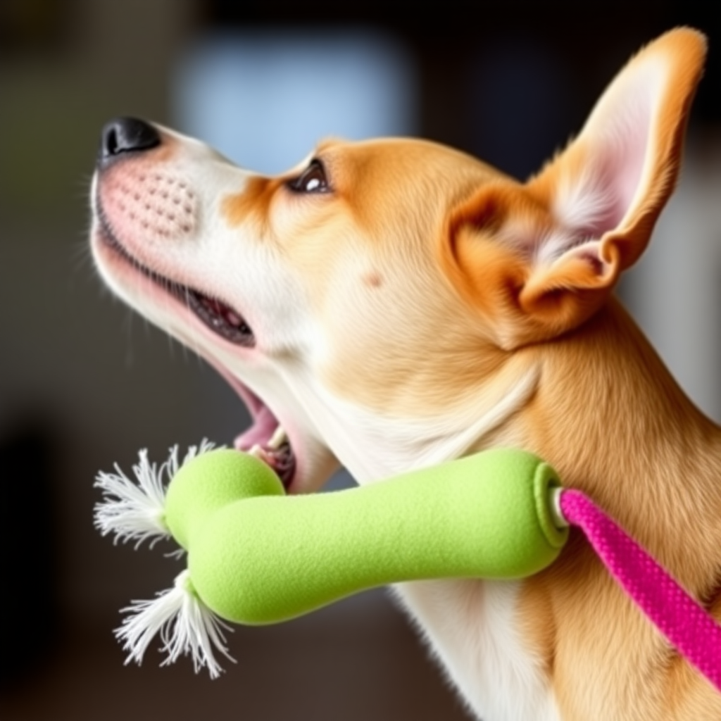 A dog biting a toy, close-up shot, side view of the head, stretching its neck, looking up, open the mouth.