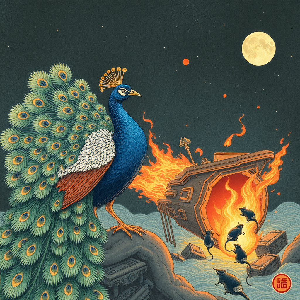 A peacock saving cyber-rats from a burning spaceship, Chinese woodcut,