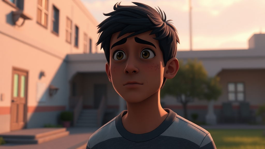 "The hospital now peaceful and bathed in soft light, with Miguel standing outside, but with visible scars on his face from the mental trauma he endured." (Character: Miguel, showing the impact of his experience.)