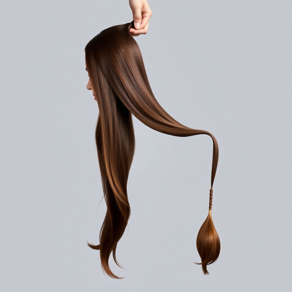 A surreal image of the beautiful disembodied head of a very long haired Kate Middleton. A hand is grasping the ends of her hair and her head is hanging from the other end. Plain gray background.