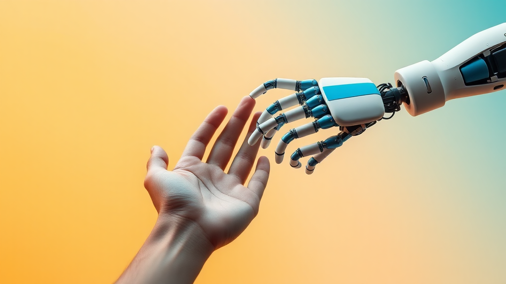 Generate an image of a human hand reaching toward a robotic hand with metallic blue and white components. The hands are almost touching, separated by a small gap, symbolizing the connection between humanity and technology. The background should have a diagonal color gradient from light orange at the bottom left to light blue at the top right highlighting the hands in the center, with a sense of drama but optimism and focus on the interaction between the natural and the artificial.