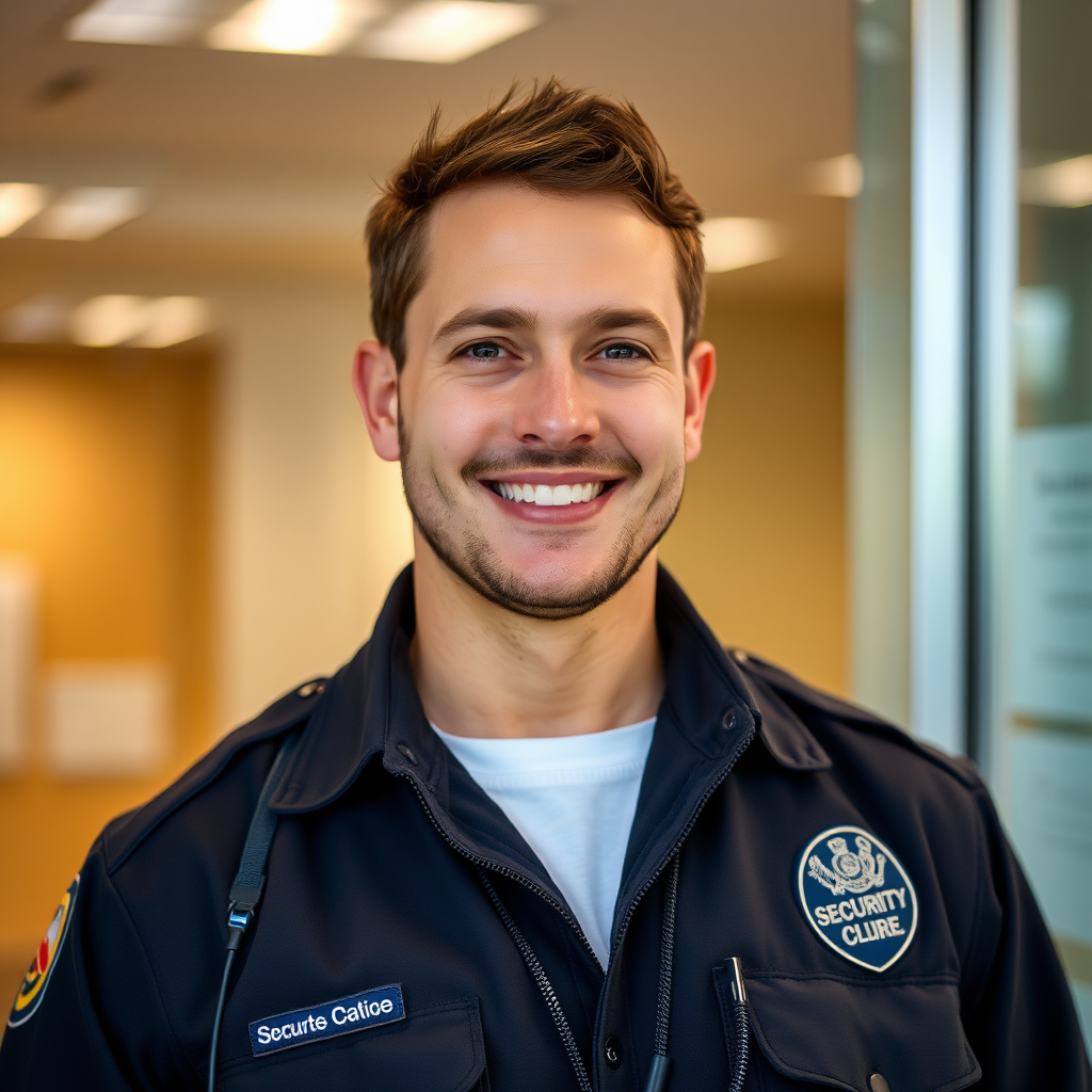 Security guard is happy working at the identification office