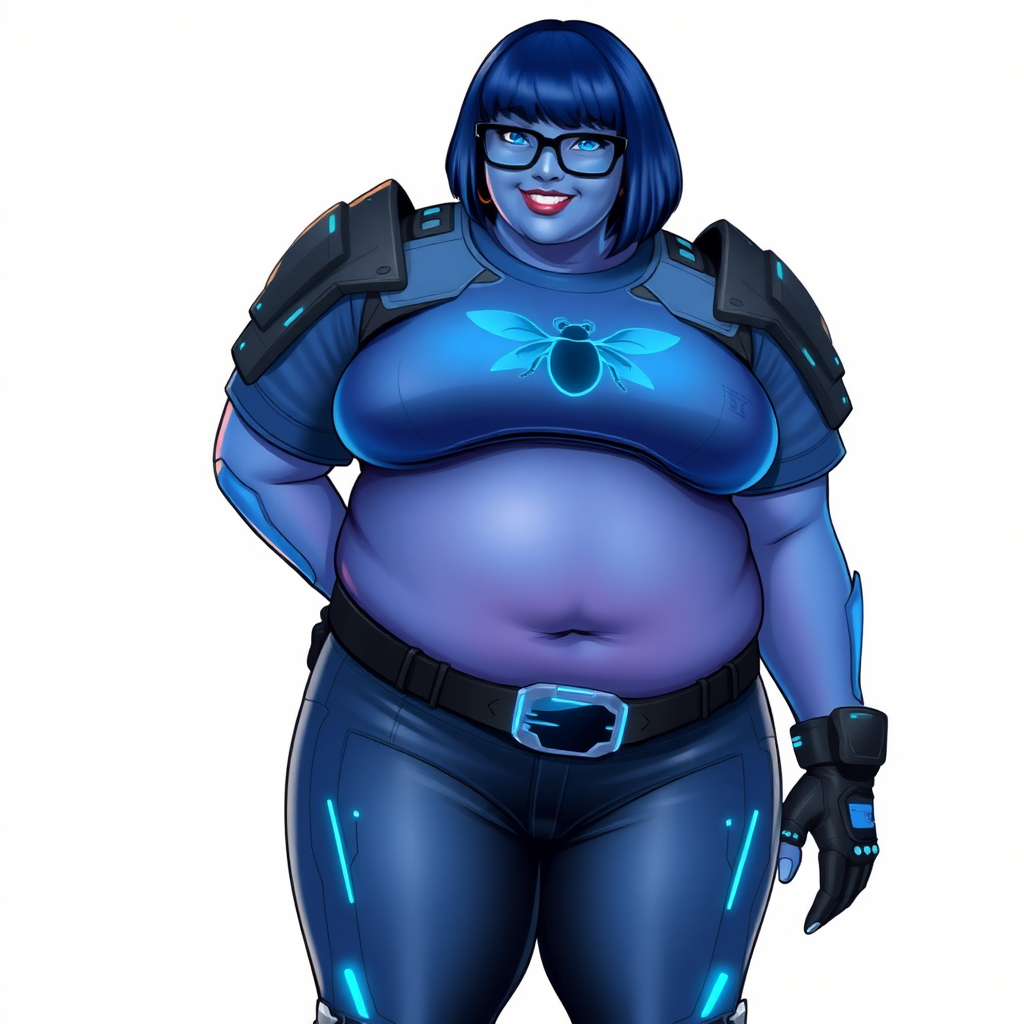 A 28-year-old, full-figured, metallic maximum blue (5PB 5/10) skinned computer program hybrid with a maximum blue bob cut. She has a non-athletic build, highlighted by a prominent, round, large midsection (with emphasis on her round large belly), which shows the effects of her new love of junk food acquired from her boyfriend. As the full-figured, nerdy, digital sidekick to her cyberpunk vigilante boyfriend, her metallic maximum blue skin and maximum blue lipstick (5PB 5/12) emphasize her digital nature. Her skin has a subtle, animated glow, with digital patterns occasionally flickering across it, making her digital nature obvious. She wears a digital, computerized costume, consisting of a massive, tight-fitting, maximum blue t-shirt (5PB 5/12) made out of advanced nanotech with a neon blue glowing chest icon of a beetle, hi-tech shoulder pads with neon blue accents, a black hi-tech belt with a digital neon blue glowing buckle, digital maximum blue biker pants (5PB 5/12) with neon blue accents, and black hi-tech fingerless biker gloves with neon blue glowing accents. Her neon blue glowing eyes, black eyeglasses with neon blue glowing lenses equipped with a built-in HUD, and bashful smile with neon red blush accentuate her nerdiness. She stands bashfully with one hand behind her back and the other hand gently touching her cheek, her costume covering all her skin and emphasizing her full figure (especially her round large belly). She is clearly non-athletic, with a focus on her full-figured physique. Despite her build, she radiates beauty. She has a slim face compared to her physique, accentuating her radiant beauty. She is on a solid white background. She is drawn as if she were in a retro 2D cyberpunk fighting game.