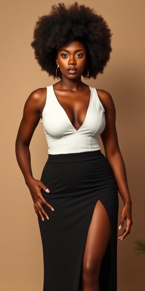 a fullbody photo of an african woman with big breasts with an afro wearing a high black waisted skirt and a fitted white top with a deep V-line cutout