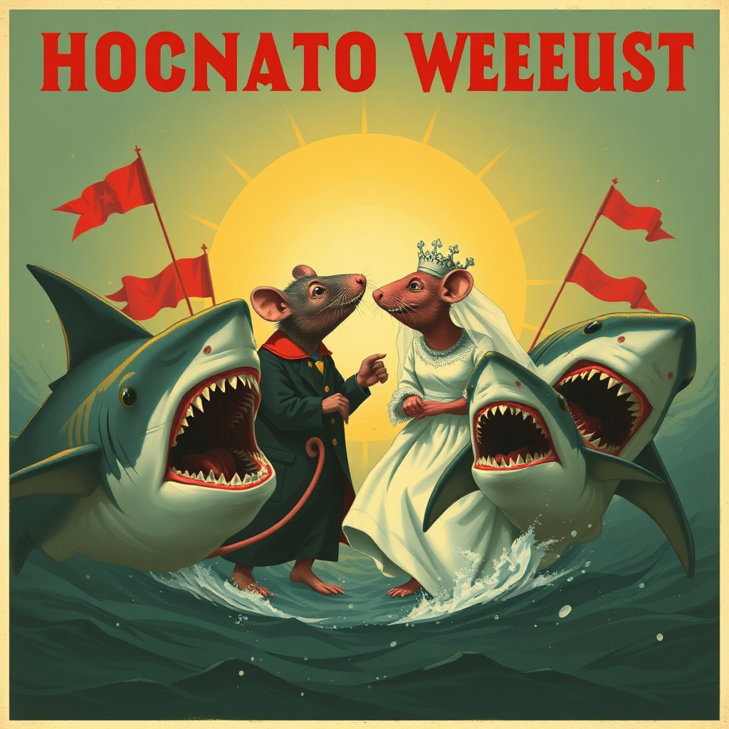 A rat wedding being attacked by sharks, Catholic, Soviet propaganda poster, steam punk, no text