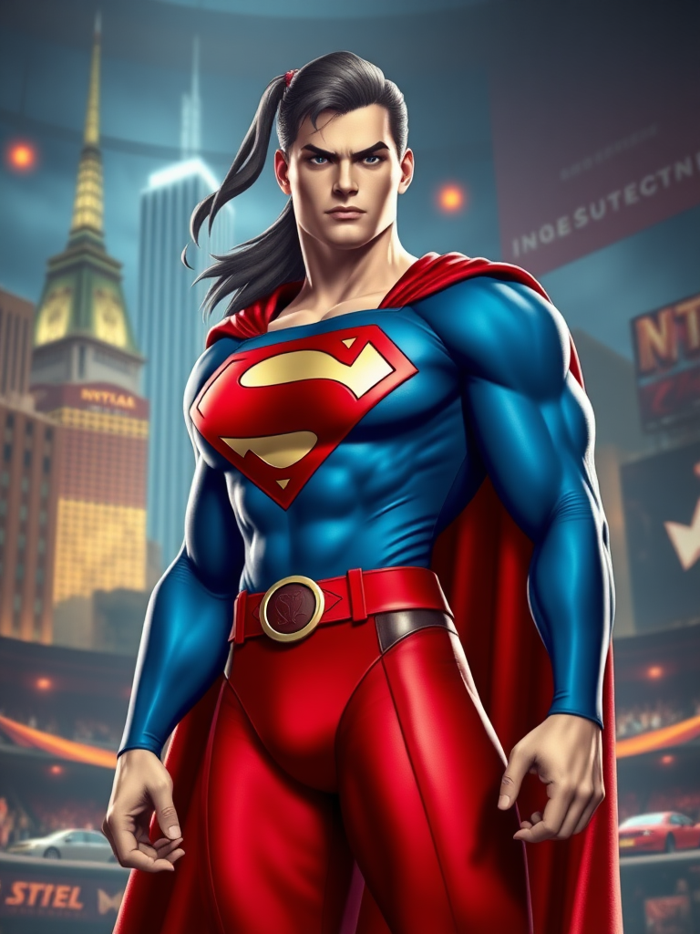 Superman, with the head and face of the traditional Superman, but the body of Cammy from Street Fighter. Emphasize the muscular torso, strong shoulders, and defined legs. Retain the Superman costume, but incorporate the red and blue color scheme of Cammy's outfit. Add a small, stylized "S" logo on her belt. The background should be a blend of Metropolis and a Street Fighter arena, featuring iconic elements from both. The lighting should be dramatic, highlighting the character's physique.