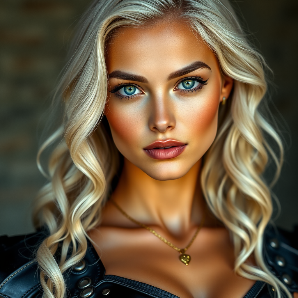 Portrait of a beautiful young woman with long wavy platinum blonde hair, green eyes, a suntan, large breasts, and light brown eyebrows. She is wearing black leather armor and a gold necklace with a small heart pendant.