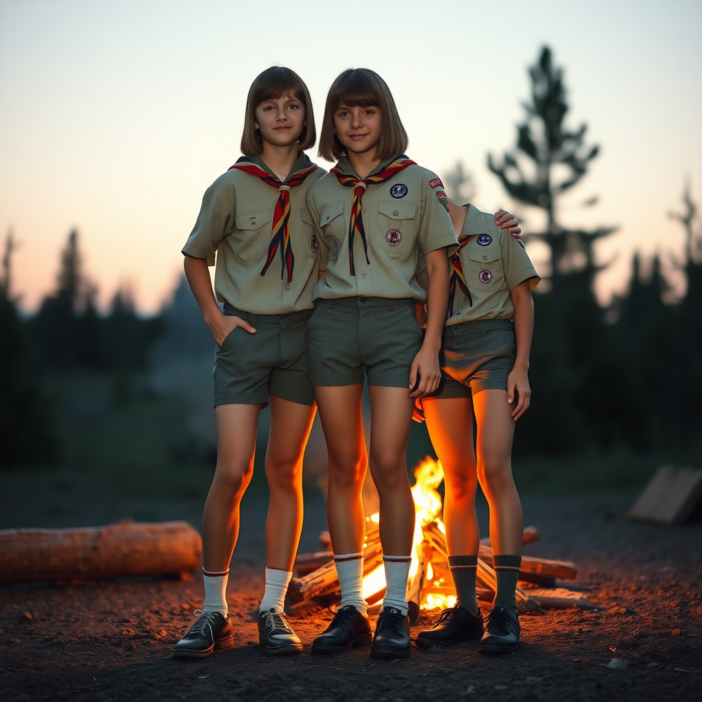 two tall 14yo teen boys, long bob cut, wearing American boy scout uniform with uniform matching very tight booty shorts, tube socks, shoes, long legs, narrow thighs. a campfire. full-length view. 1980s. photorealistic, ultra high resolution, 16K, Negative: grainy, blurry, bad anatomy, extra limbs, watermark.