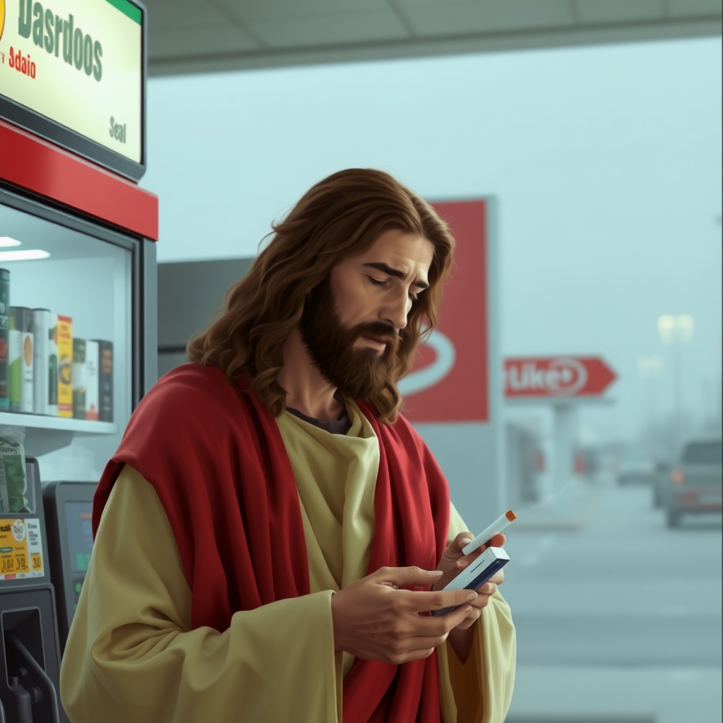 Jesus buying cigarettes in a gas station.