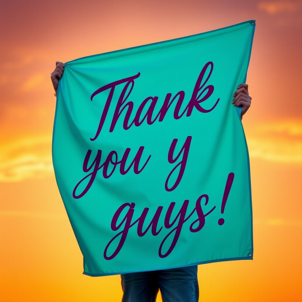 A slightly angled camera perspective from the side, showcasing mrfabiom standing proudly, grasping a vibrant banner emblazoned with the phrase "Thank you guys!" in an elegant, handwritten font against a warm sunset background.