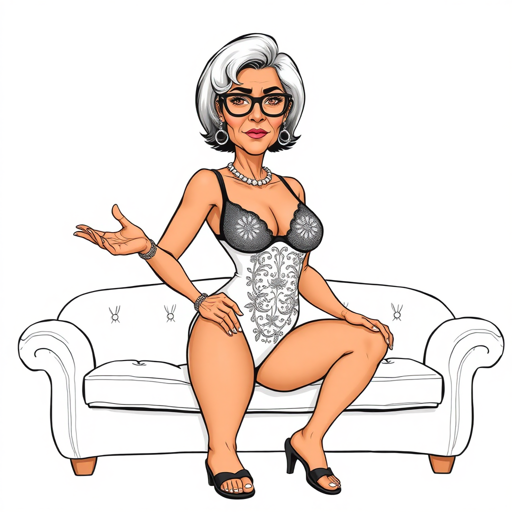 a towering 55 Years old, fit, slim, European, Latina, sharp aquiline nose, wrinkles, high cheekbones, Middle Eastern, Skinny, Tanned skin, Dark light skin, Rounded Medium breasts, Skinny thighs, full Makeup, jewelry, Serious face, Sharp nose, Ash hair, short bowl haircut, Brown eye color, Glasses, with detailed features. she is wearing embroidered black mesh balconette bras and a tight white high cut 1980s mesh cut out swimsuit, detailed fabric.  full body, high heels sandals, she is hand gesturing at the viewer to join her on a couch, sweating, 
long establishing shot, 2D, caricature, cartoon, Sketch lines, coloring book, coloring book style on white background, well composed, clean coloring book page, No dither, no gradient, strong outline, No fill, No solids, vector illustration, realistic proportions