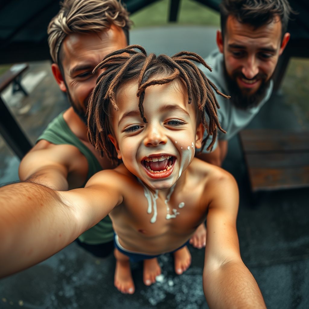 aerial selfie, selfie stick, confident athletic little barefoot boy with adorable hair and freckles licking with his dads, the boy is splattered with runny clear white mucous covering his face and drooling from his little mouth and dreadlocks and toes, he has braces, no clothes, his dad looks like his mind is blown by his little son, dads have hairy legs and barefoot, dark rainy rest stop picnic shelter