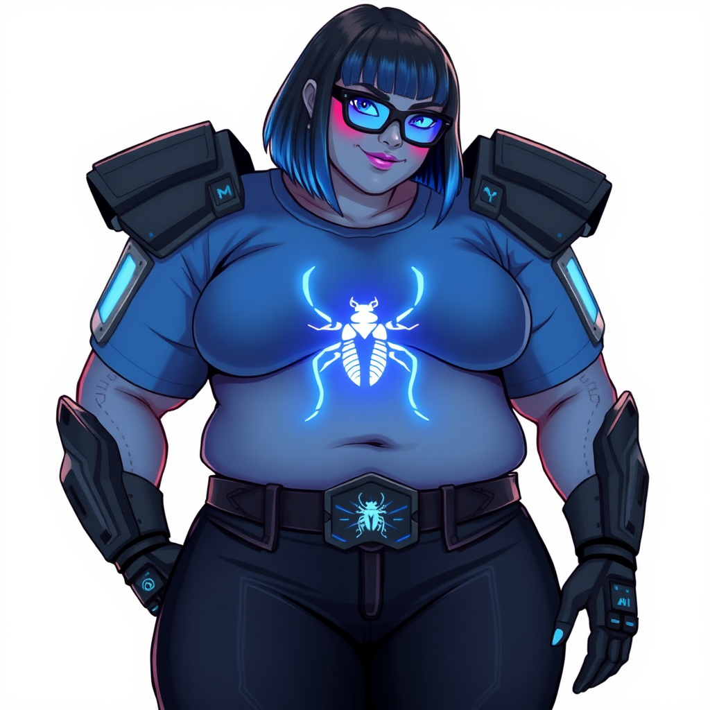 A 28-year-old, full-figured, middle gray skinned computer program hybrid with a maximum blue bob cut. She has a non-athletic build, highlighted by a prominent, round, large midsection (with heavy emphasis on her belly). As a digital sidekick, computer hacker, and nerdy girlfriend to her cyberpunk vigilante boyfriend, her middle gray metallic skin and maximum blue lipstick emphasize her digital nature. She wears a digital, computerized costume consisting of a gargantuan, tight-fitting, hi-tech, maximum blue t-shirt with a neon blue beetle glowing chest icon, hi-tech shoulder pads with neon blue accents, a black digital belt with a digital neon blue glowing beetle buckle, black biker pants with neon blue glowing accents, and black hi-tech gloves with neon blue glowing accents. Her neon blue glowing eyes, black eyeglasses with a neon blue glowing HUD built in its lenses, and lovestruck smile with neon red blush accentuate her nerdiness. She stands bashfully with her hands behind her back, her costume covering all her skin and emphasizing her full-figured physique (especially her belly). She is clearly non-athletic, with a focus on her full-figured physique. Despite her build, she radiates beauty. She is on a solid white background. She is drawn as if she was in a retro 2D cyberpunk fighting game.