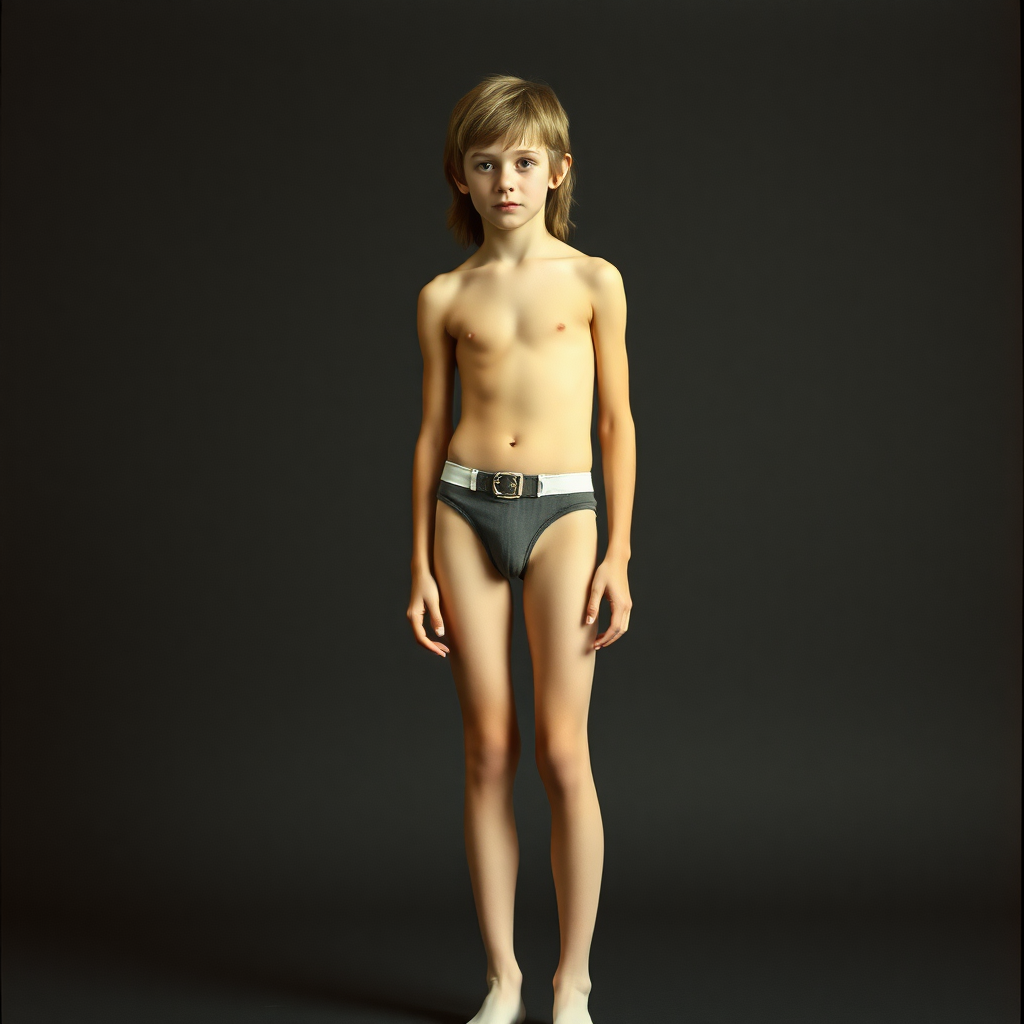 A skinny 14yo teen boy, long hairs bow cut, wearing tight narrow speedo, garter belt, long stockings, long legs, narrow thighs. full-length view. 1970s. photorealistic, ultra high resolution, 16K, Negative: grainy, blurry, bad anatomy, extra limbs, watermark.