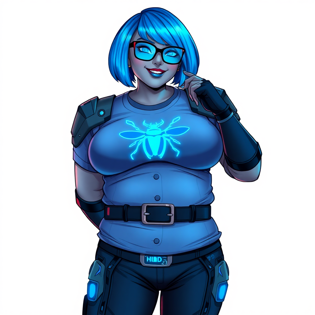 A 28-year-old, full-figured, metallic middle gray skinned computer program hybrid with a maximum blue bob cut. She has a non-athletic build, highlighted by a prominent, round, large midsection (with emphasis on her belly), reflecting her new eating habits. As the full-figured, nerdy, digital sidekick to her cyberpunk vigilante boyfriend, her middle gray metallic skin and maximum blue lipstick emphasize her digital essence. She wears a high-tech, computerized costume, consisting of a large, tight-fitting, maximum blue t-shirt with a neon blue glowing chest icon of a beetle, advanced shoulder pads with neon blue accents, a black high-tech belt with a digital neon blue glowing buckle, digital maximum blue biker pants with neon blue accents, and black high-tech biker gloves with neon blue glowing accents. Her neon blue glowing eyes, black eyeglasses with neon blue glowing lenses featuring a built-in HUD, and shy smile with neon red blush accentuate her nerdiness. She stands bashfully with one hand behind her back and the other hand gently touching her cheek, her costume covering all her skin and emphasizing her full-figured physique (especially her belly). She is clearly non-athletic, with a focus on her full-figured physique. Despite her build, she radiates beauty. She has a slim face compared to her physique, accentuating her radiant beauty. She is on a solid white background. She is drawn as if she were in a retro 2D cyberpunk fighting game.