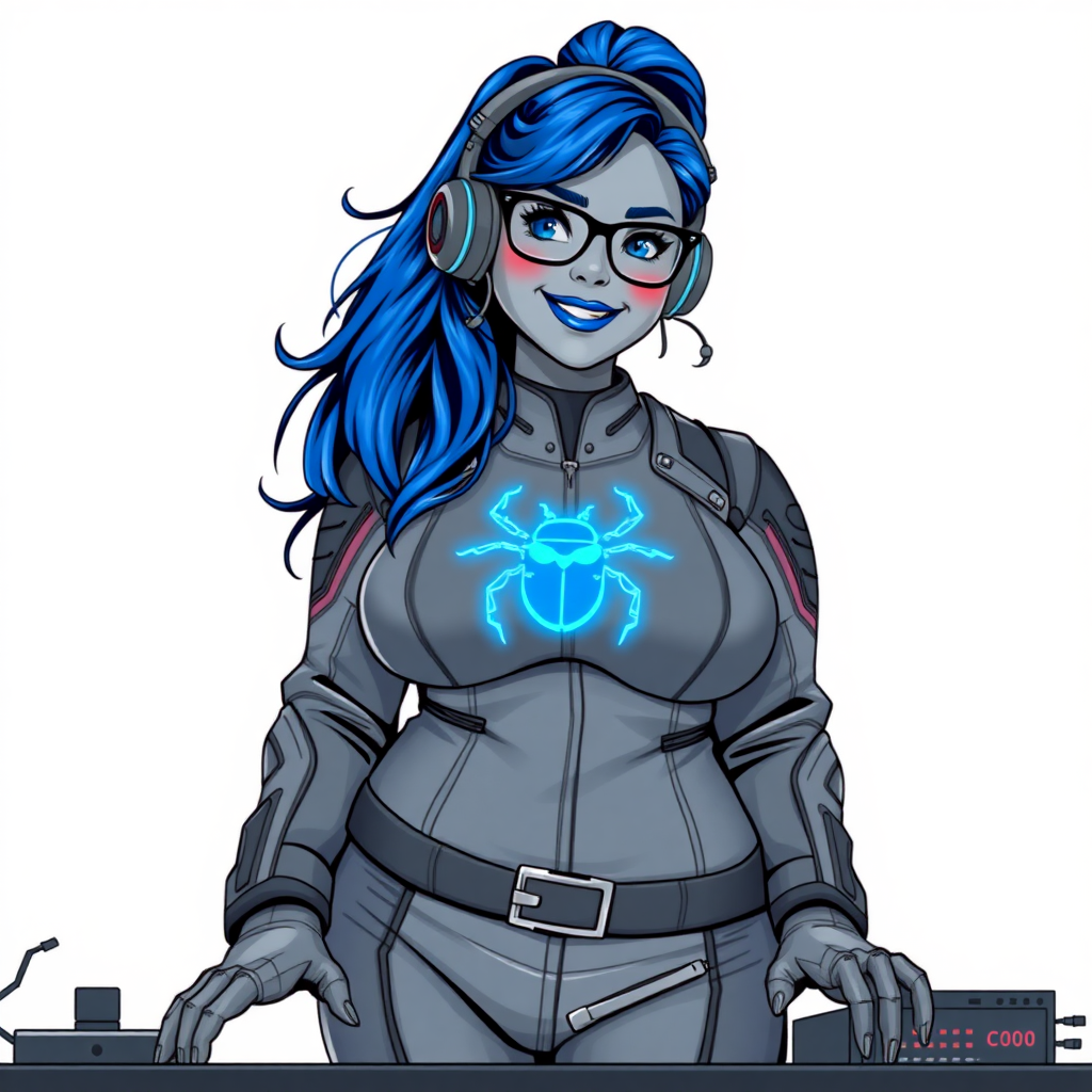 A nerdy, full-figured middle gray-skinned 29-year-old computer program hybrid with a long, maximum blue ponytail. She wears maximum blue lipstick and has bright blue eyes. Her outfit includes a digital, computerized, middle gray biker suit featuring a neon blue glowing beetle chest icon. She sports a sapphire headset and black eyeglasses, with a lovestruck smile and neon red blush. Her full figure reflects the doting care of her vigilante boyfriend. As his tech expert, she works diligently at her lab table in their hideout. The background is solid white. She has a prominent, round, gargantuan midsection, thick limbs, and broad shoulders. Her middle gray metallic skin highlights her digital nature. The biker suit blends with her middle gray skin appearing to merge together as computer data. She is drawn as if she was in a retro 2D cyberpunk fighting game.