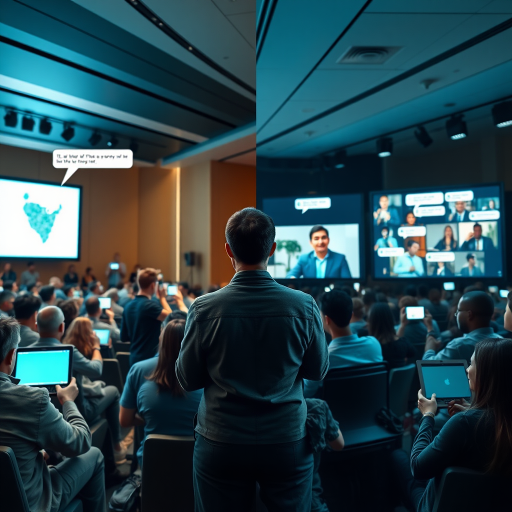 A visually striking split-screen image. Host's perspective. On the left side, an in-person event scene with attendees seated in a modern auditorium, some raising hands or holding devices with screens illuminated. Speech bubbles appear above them with snippets of comments. On the right side, individuals from various locations watch the event on laptops, tablets, and phones, with chat messages appearing next to them. At the center, the two sides merge seamlessly where the host stands, showing all interactions converging into a unified live event.