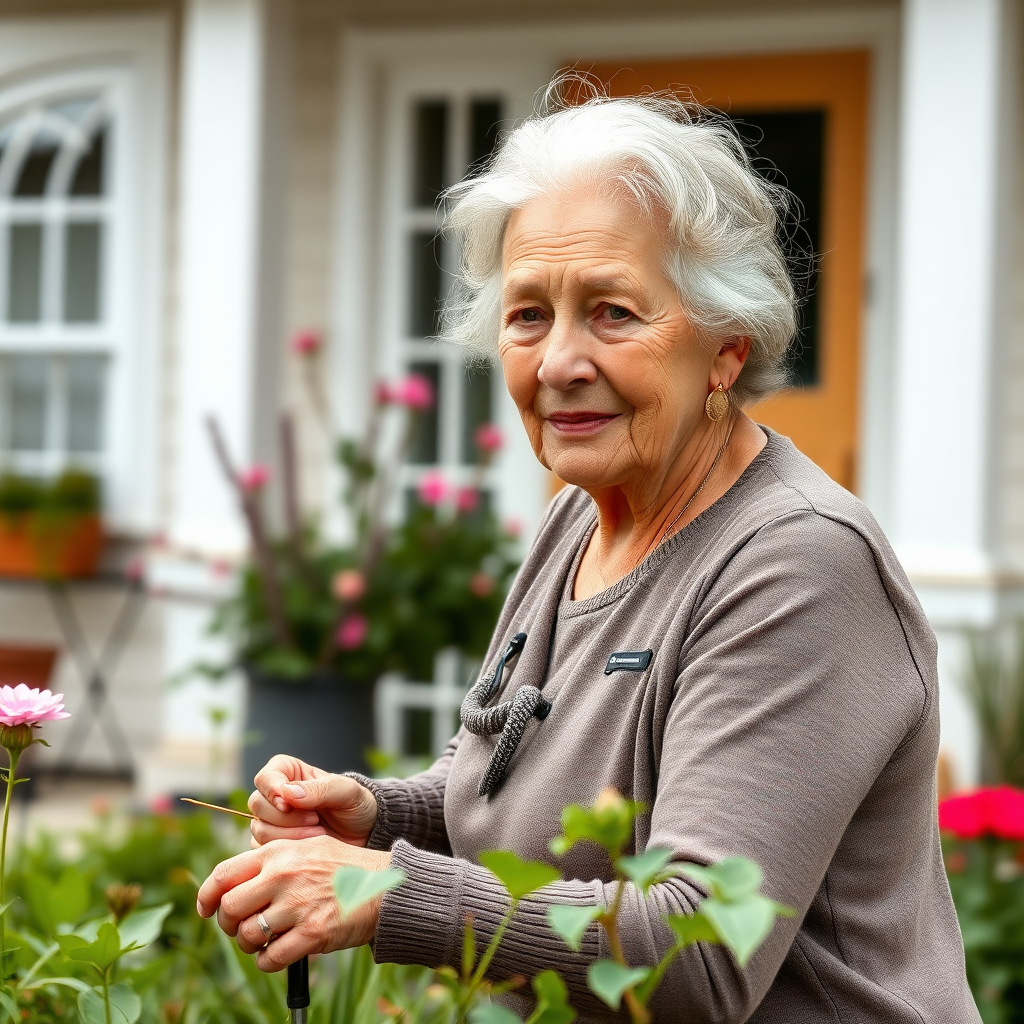 A beautiful and slim 77-year-old woman is working in the front garden and looking at the camera.