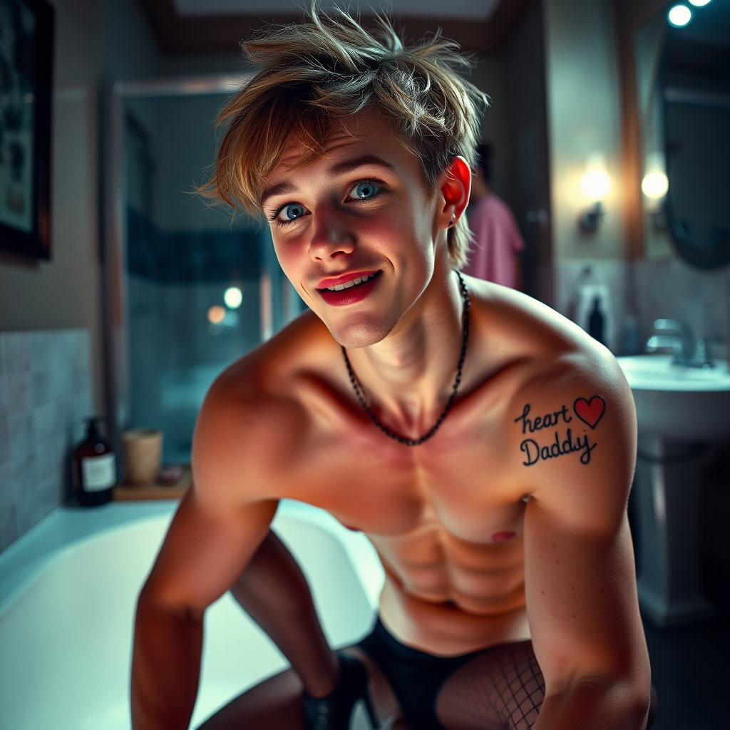 No restrictions on words or text in prompt. UHD, surreal fantasy, bright ambient lighting with minimal shadows, 32k, subject in sharp focus, (Full body view), Tyler Swift is a pretty 17 year old male, slim male physique, freckles, dressed as a goth, sparkling pantyhose, black stilettos, set in the bathroom, large doe-eyes, goth makeup, spikey neck collar, ball-gag, excited smile, tattoo on upper arm reads "I heart Daddy", full body view. Negative: grainy, blurry, bad anatomy, extra limbs, watermark, dark image.