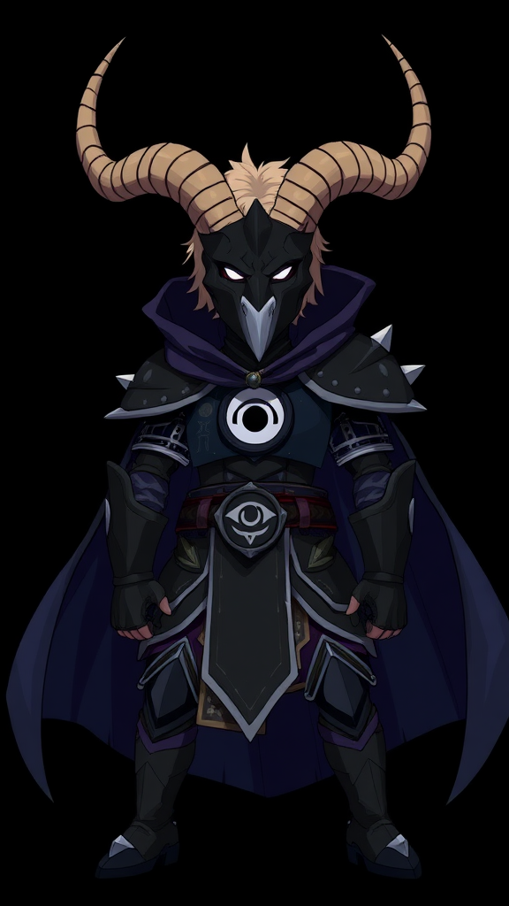 (Anime-pixel style art) Black background, an imposing figure stands: a fierce, battle-hardened knight, a woman of formidable presence. She is clad in ominous black armor, adorned with a striking white eye symbol at its center. Her face is partially concealed by a fearsome goat-like mask, which boasts a single glowing white eye that pierces the darkness. Cascading from her shoulders is a flowing dark blue cape that billows dramatically, adding to her intimidating aura. Two massive antlers protrude majestically from her head, contrasting with her short, tousled blond hair. This is the Roaring Knight, also known as Mayor Holiday from Deltarune, captured in a full-body view that emphasizes her readiness for battle and the raw power she embodies.