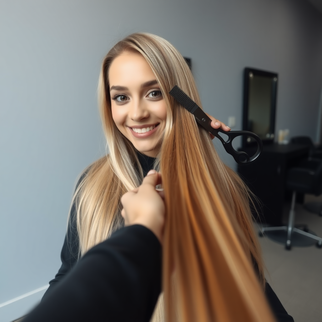 POV, beautiful very long haired blonde woman sitting in a hair salon smiling at the camera while I reach out from behind the camera to trim her very long hair. Plain gray background.