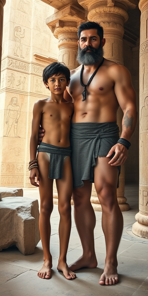 Ancient Babylonians. A skinny 14-years-old teen boy, long legs, bare thighs. With a giant strong muscular slightly bearded young adult man-husband. The man is close to the boy. In ancient temple. Full length view from above.