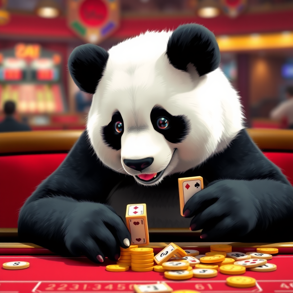 A panda bear playing a game of craps and winning.