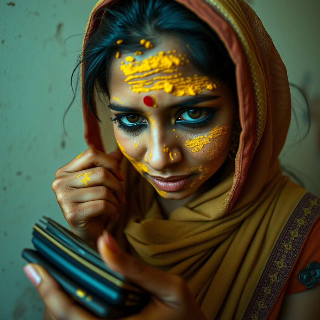 wide angle image of a slim, curvy, 30 year old indian maid with hair covering, turmeric paste on her face. she is stealing money from wallet.